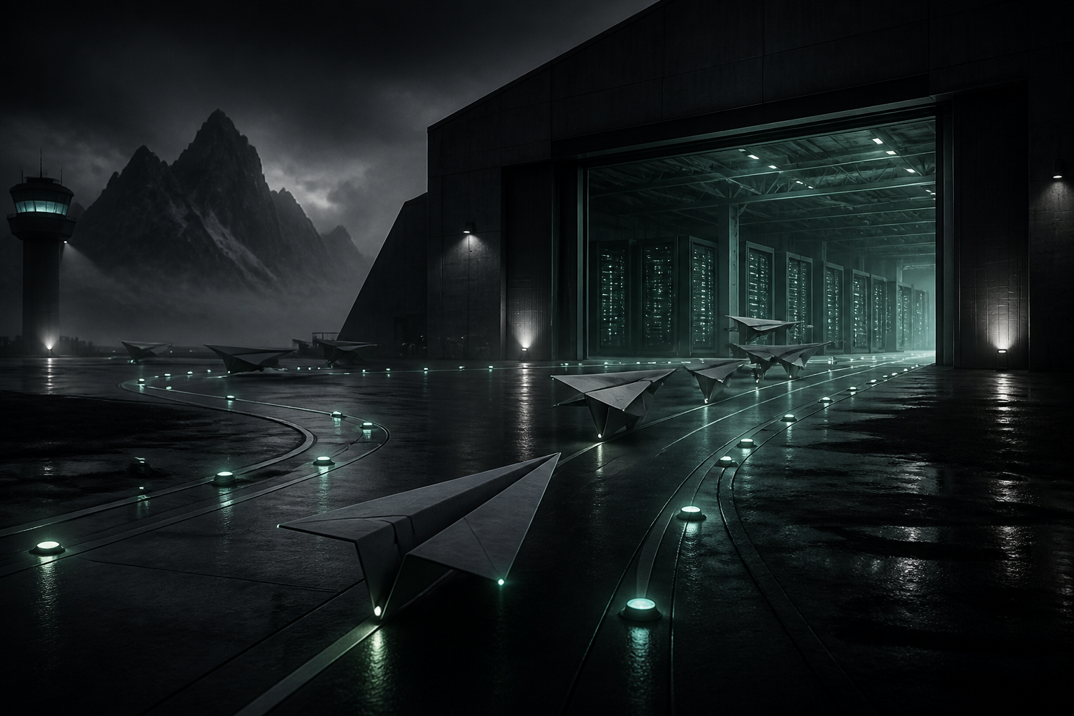 Runway lights guiding controlled traffic into a verified hangar of servers