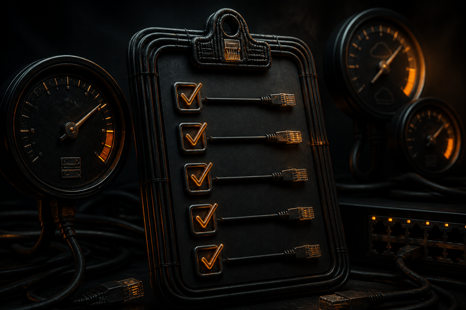 Checklist clipboard formed from network cables and latency gauges for authorized load testing