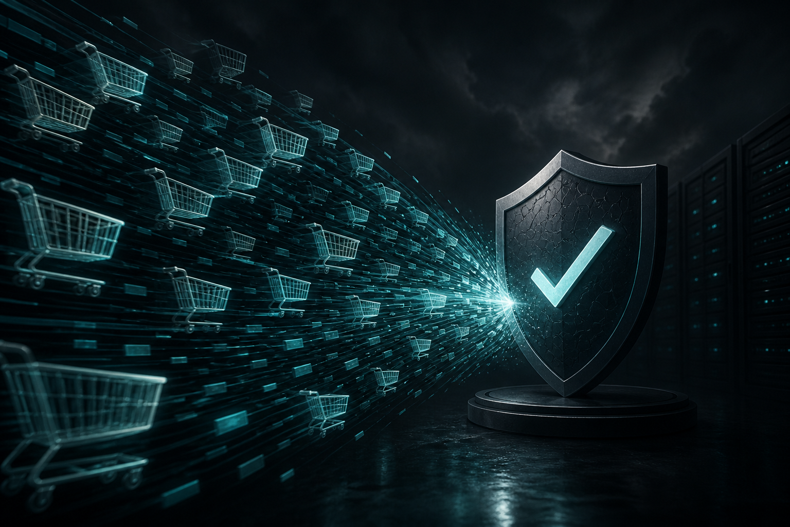 Shopping cart shapes morphing into packet streams toward a verified origin before Black Friday