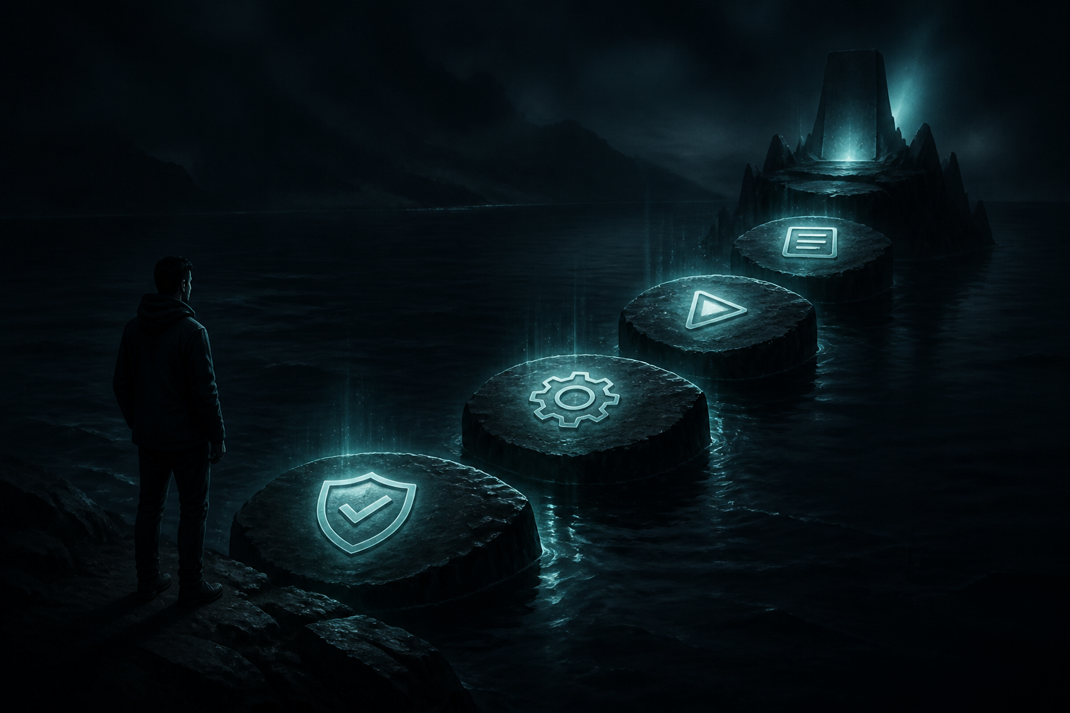 Four glowing stepping stones for verify, configure, run, and report an authorized stress test