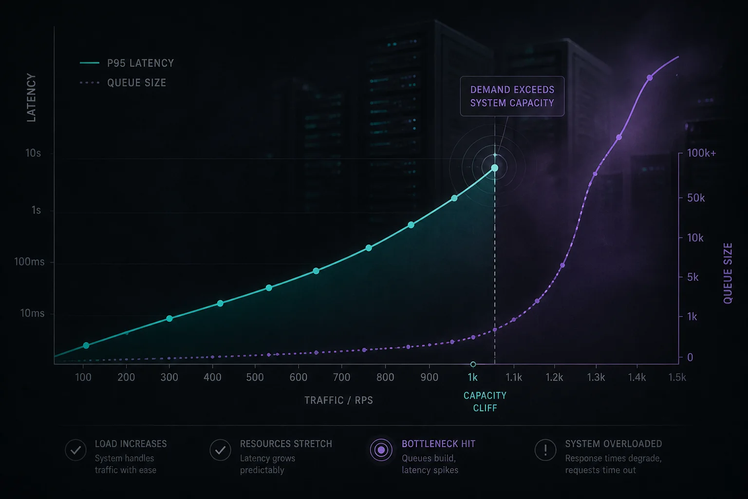 Traffic curve hitting a capacity bottleneck with rising latency during authorized load testing