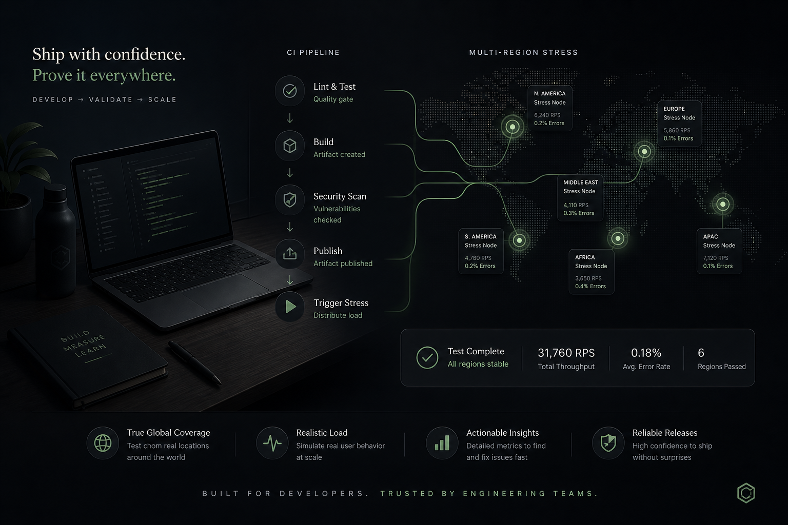Developer laptop and CI pipeline feeding multi-region stress nodes