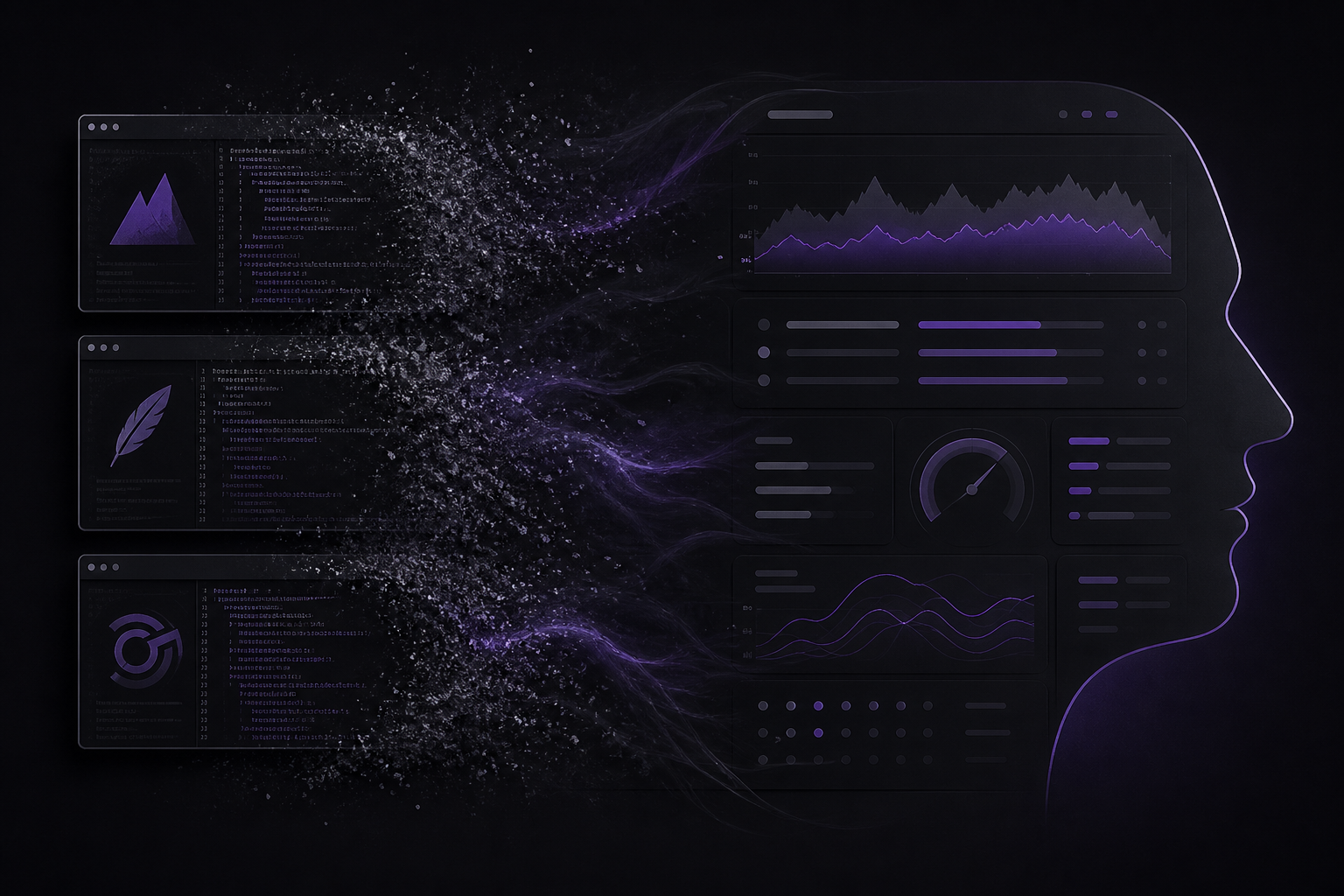 Script terminals dissolving into a stresser control panel silhouette for tool comparison