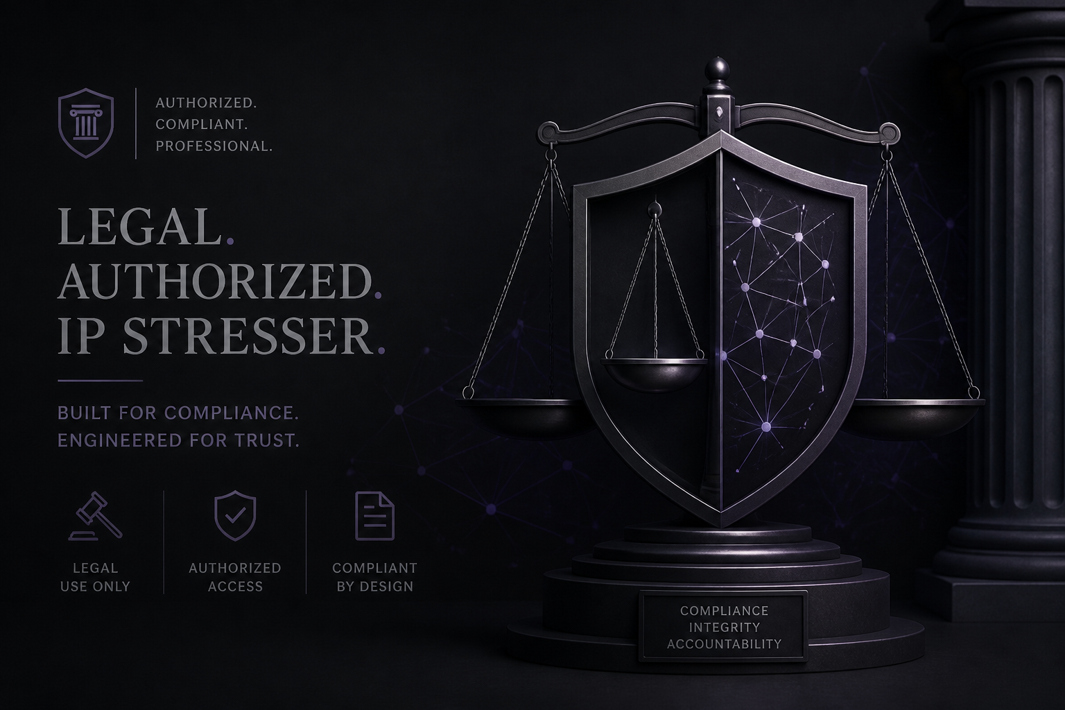 Scales of justice merged with a network shield for legal authorized IP stresser use