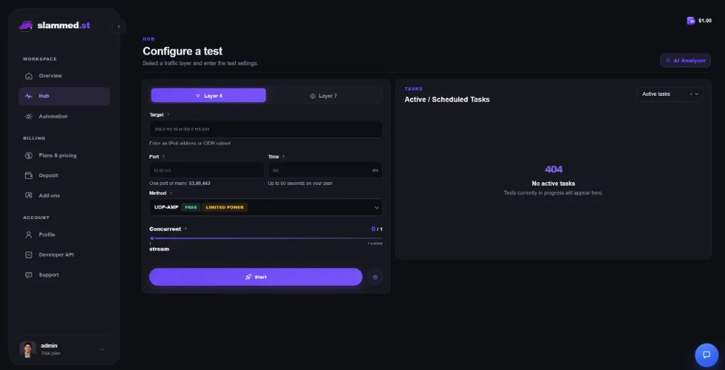 Product screenshot: Slammed.st Hub configure test screen with Layer 4/Layer 7, target, method, concurrents, and Start