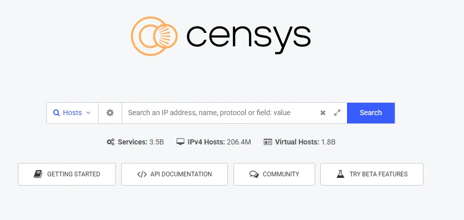 Censys Search homepage for querying internet hosts, services, and certificates