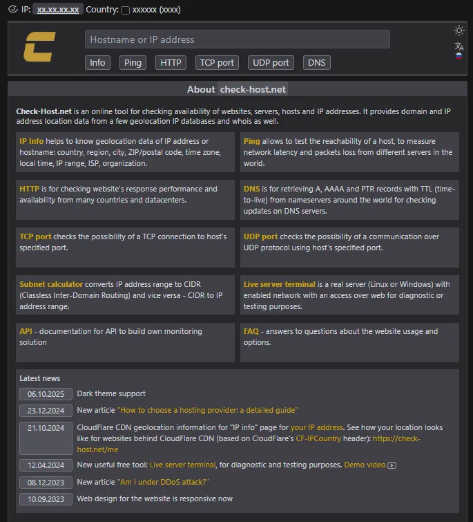 Check-Host.net UI for ping, HTTP, DNS, TCP and UDP checks from multiple locations