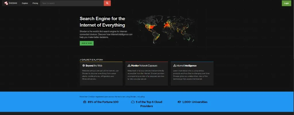 Shodan homepage for searching internet-connected devices and exposed services