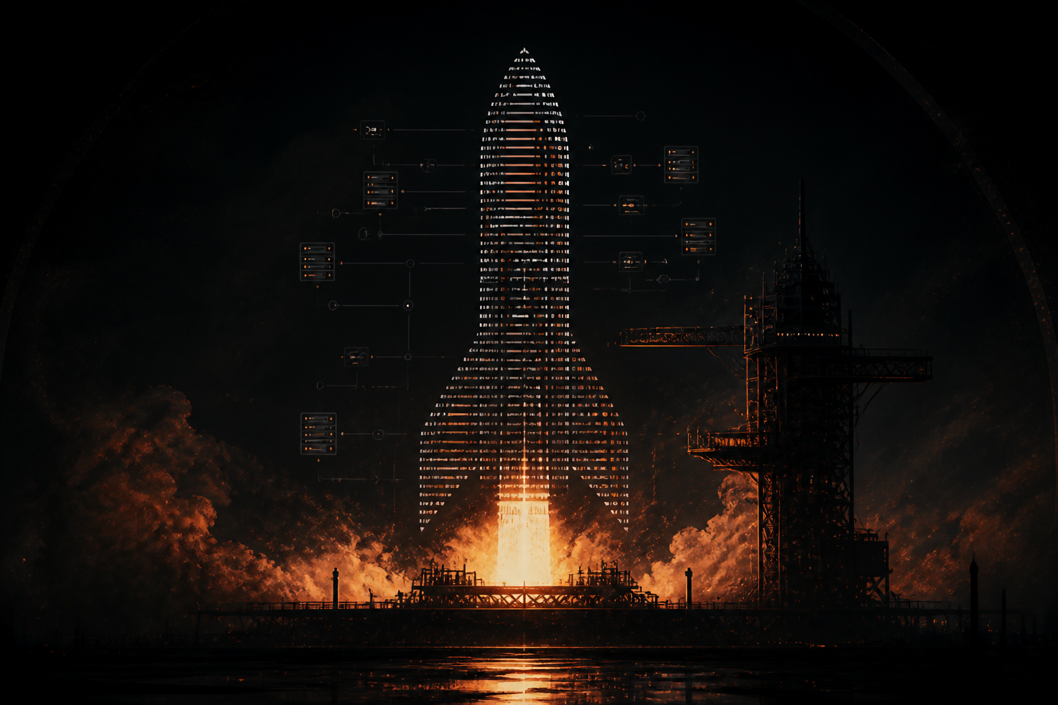 Rocket silhouette made of HTTP paths and origin servers for website stress testing before launch