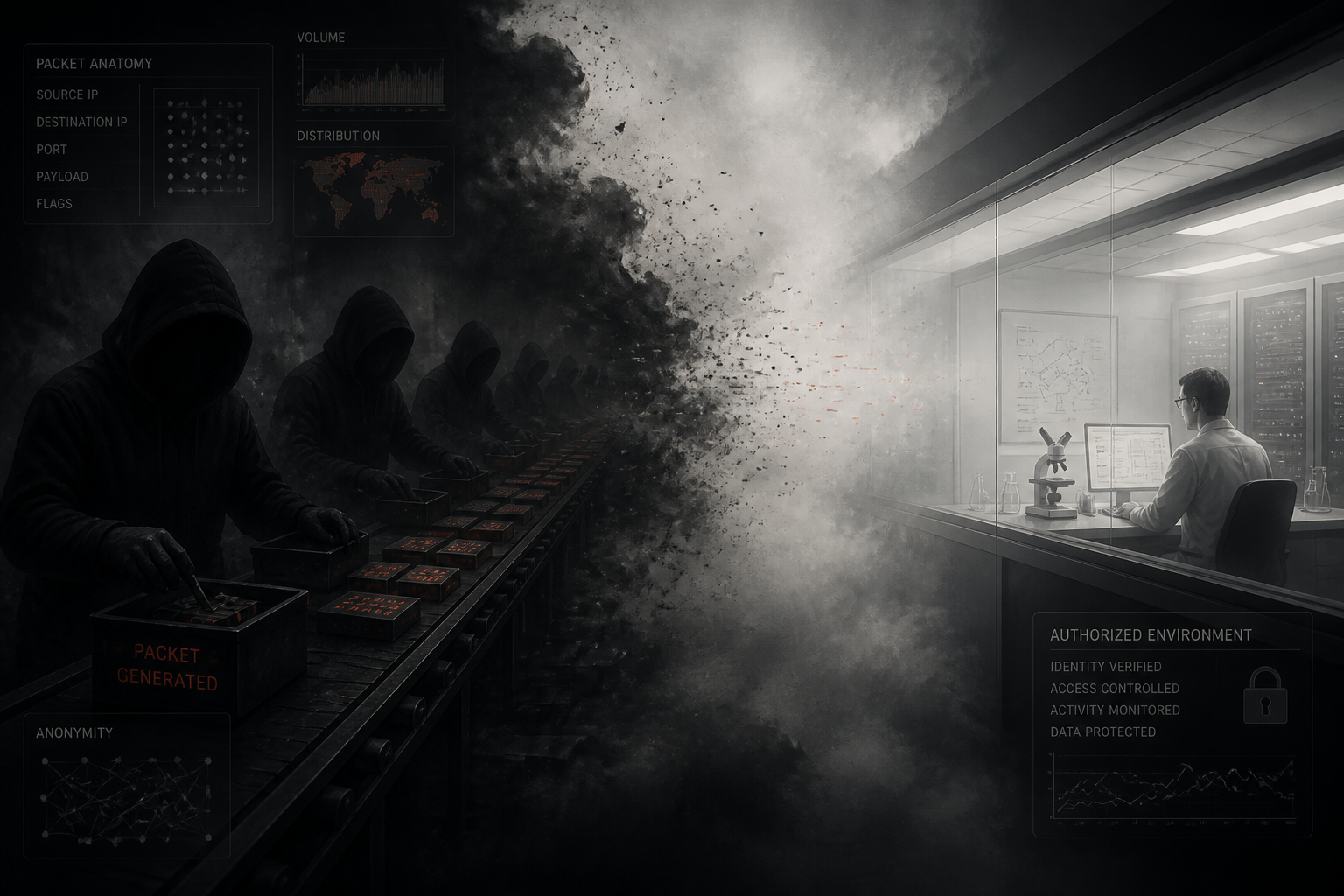 Anonymous packet factories dissolving into fog beside a lit authorized testing lab